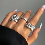 3pcs Vintage Asymmetrical Abstract Rings, Women's Adjustable Gold