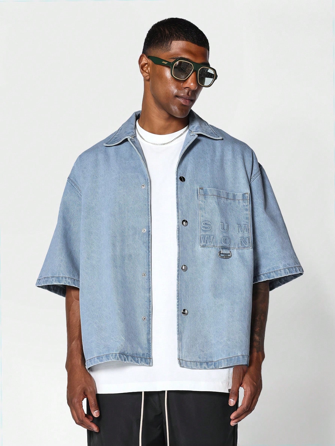 SUMWON Boxy Fit Revere Collar Denim Shirt