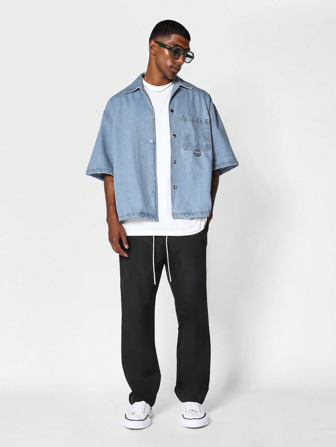 SUMWON Boxy Fit Revere Collar Denim Shirt