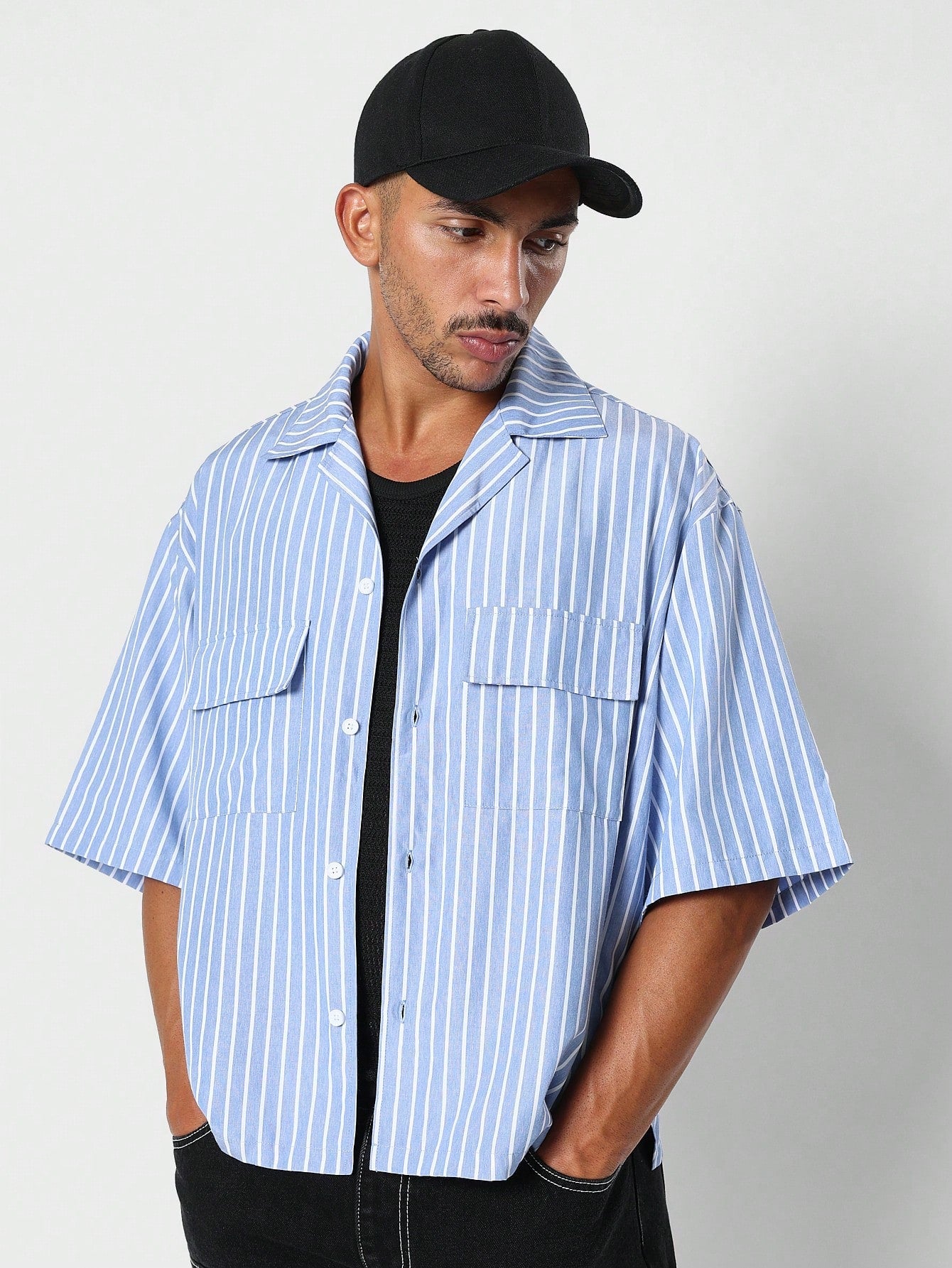 SUMWON Boxy Fit Revere Stripe Shirt With Back Print