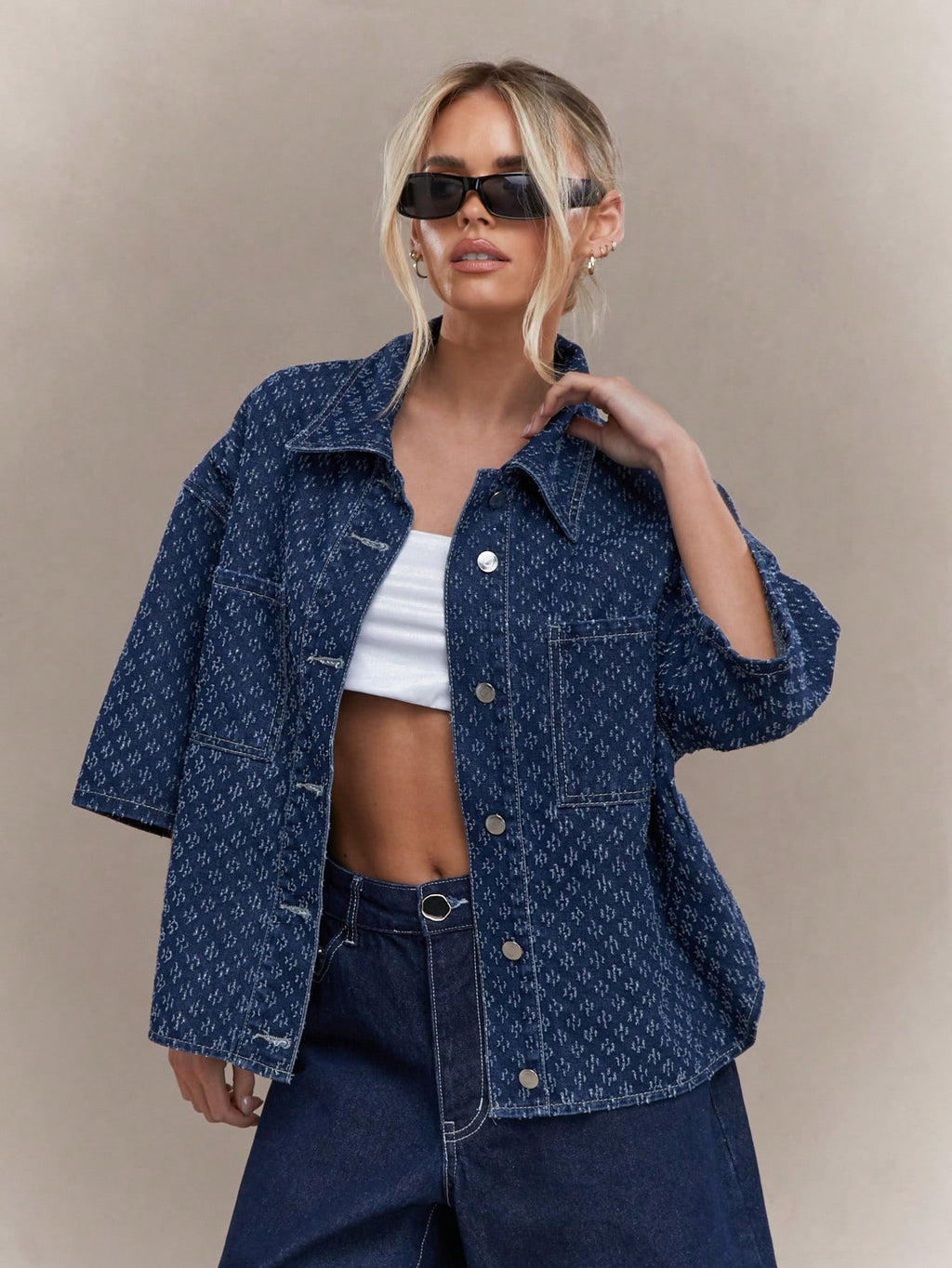 MISSGUIDED Self Embroidered Oversized Denim Shirt