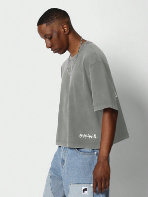 SUMWON Crop Fit Washed Tee With Letter Graphic Print