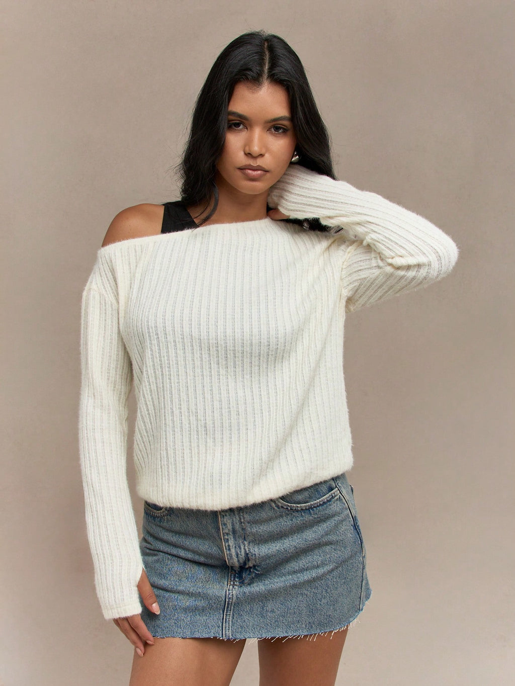 MISSGUIDED Wool Woven One Shoulder Long Sleeves Thumbhole Detail Sweater