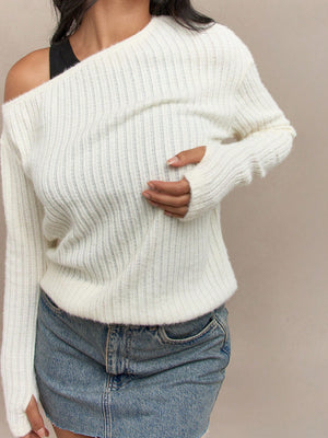 MISSGUIDED Wool Woven One Shoulder Long Sleeves Thumbhole Detail Sweater