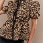 MISSGUIDED Animal Print Front Open Tie Short Balloon Sleeves Peplum Top