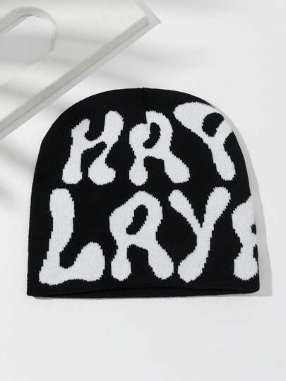 1pc Women`S Intarsia Two-Tone Letter Pattern Knit Beanie Hat, Warm Outfit For Autumn/Winter