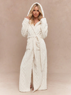 MISSGUIDED Fluffy Cable Knit Hooded Long Lounge Belted Robe