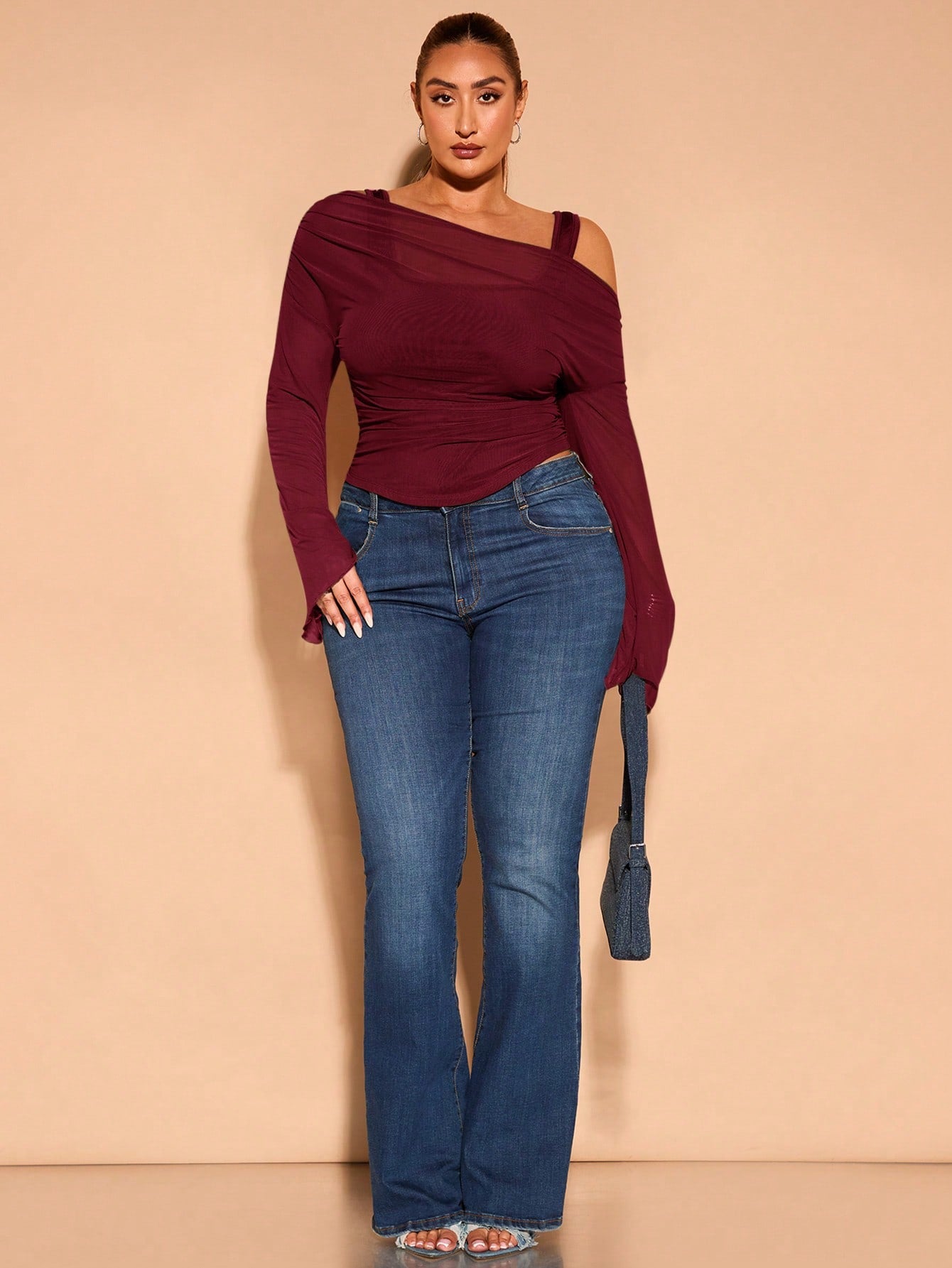 BAE Plus Size Green Off-Shoulder Asymmetrical Trumpet Long-Sleeved