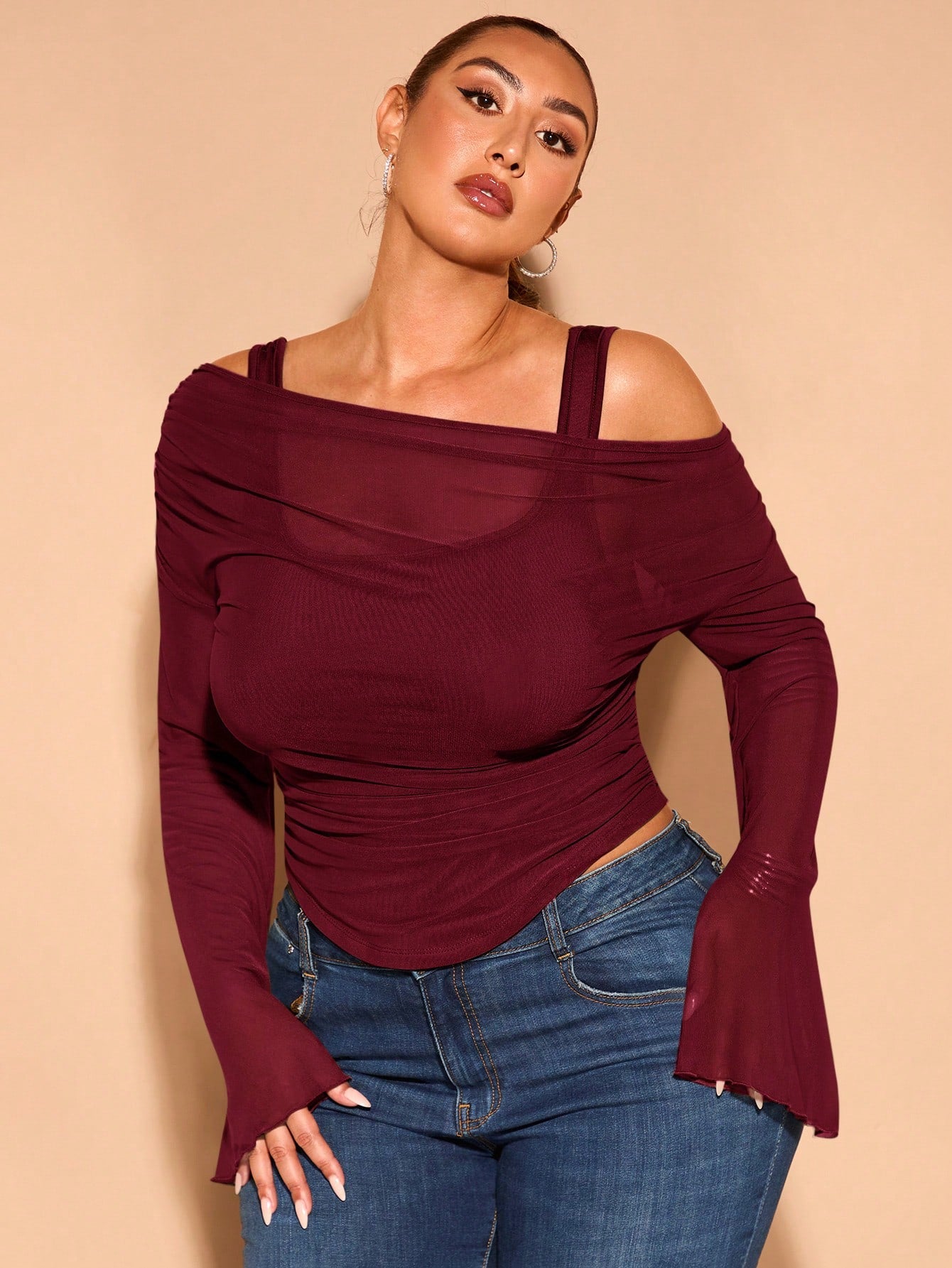 BAE Plus Size Green Off-Shoulder Asymmetrical Trumpet Long-Sleeved