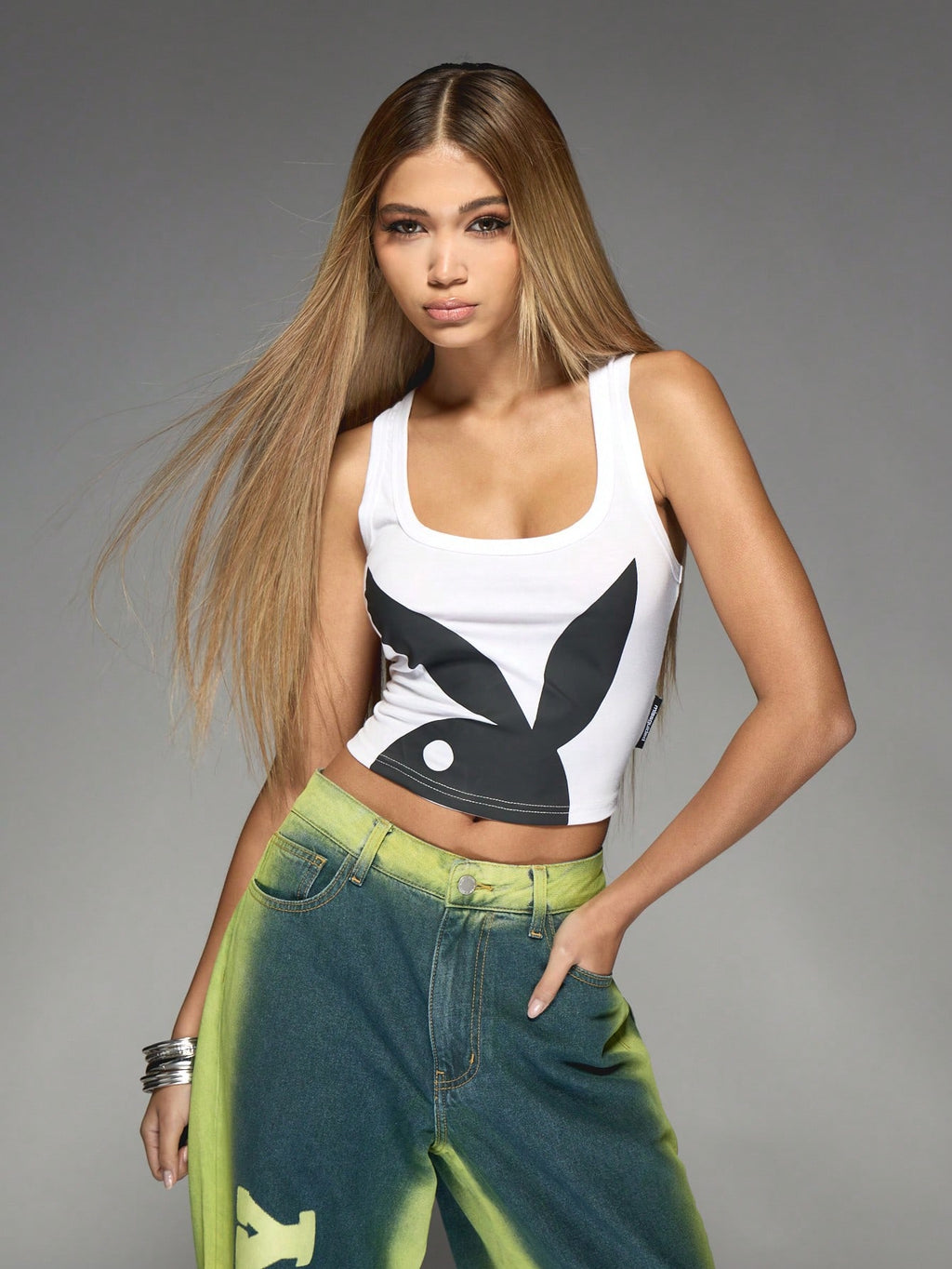 MISSGUIDED Missguided x Playboy Bunny Print Square Scoop Neck Racer Back Sleeveless Casual T-Shirt